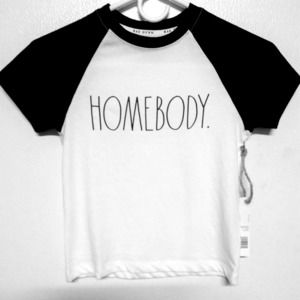 RAE DUNN Short Raglan Sleeve Tee Black White SZ 6